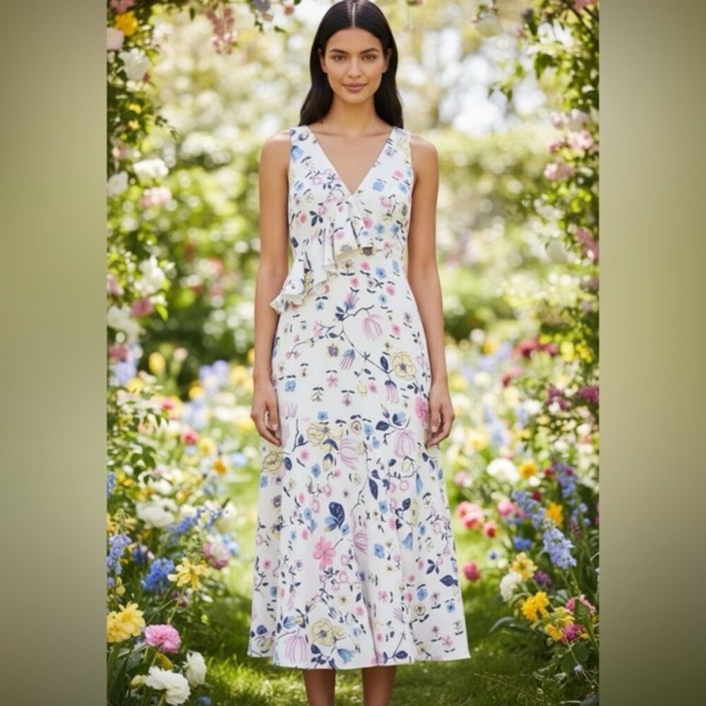 REBECCA TAYLOR FLORAL SLEEVELESS MIDI DRESS